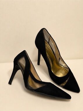 Thalia Sodi 8.5 Black Pointed Cutout Stiletto Heels w/ Gold Insole, Like New